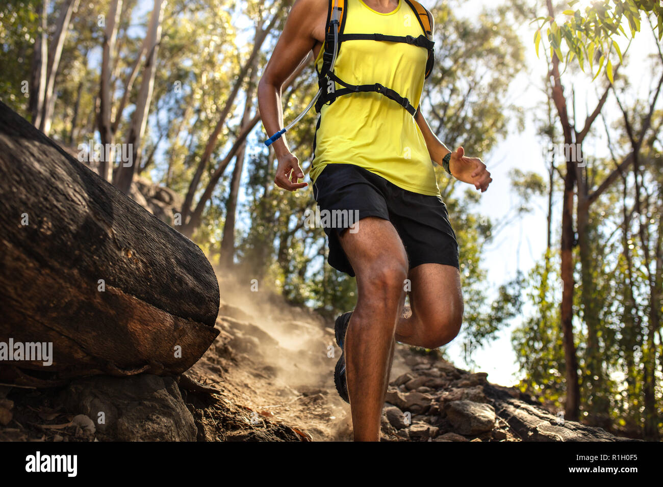 Male runner running on rocky mountain trail. Fit young man in sportswear  running down the hill over rocky path Stock Photo - Alamy