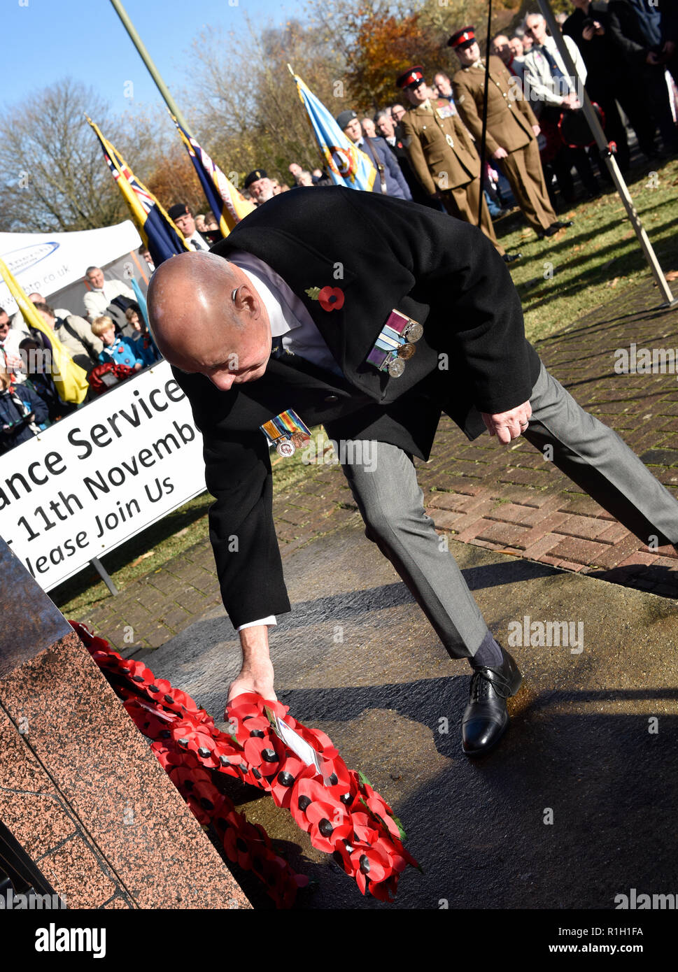 Remembrance Sunday, War Memorial, Bordon, Hampshire, UK. 11.11.2018. Stock Photo