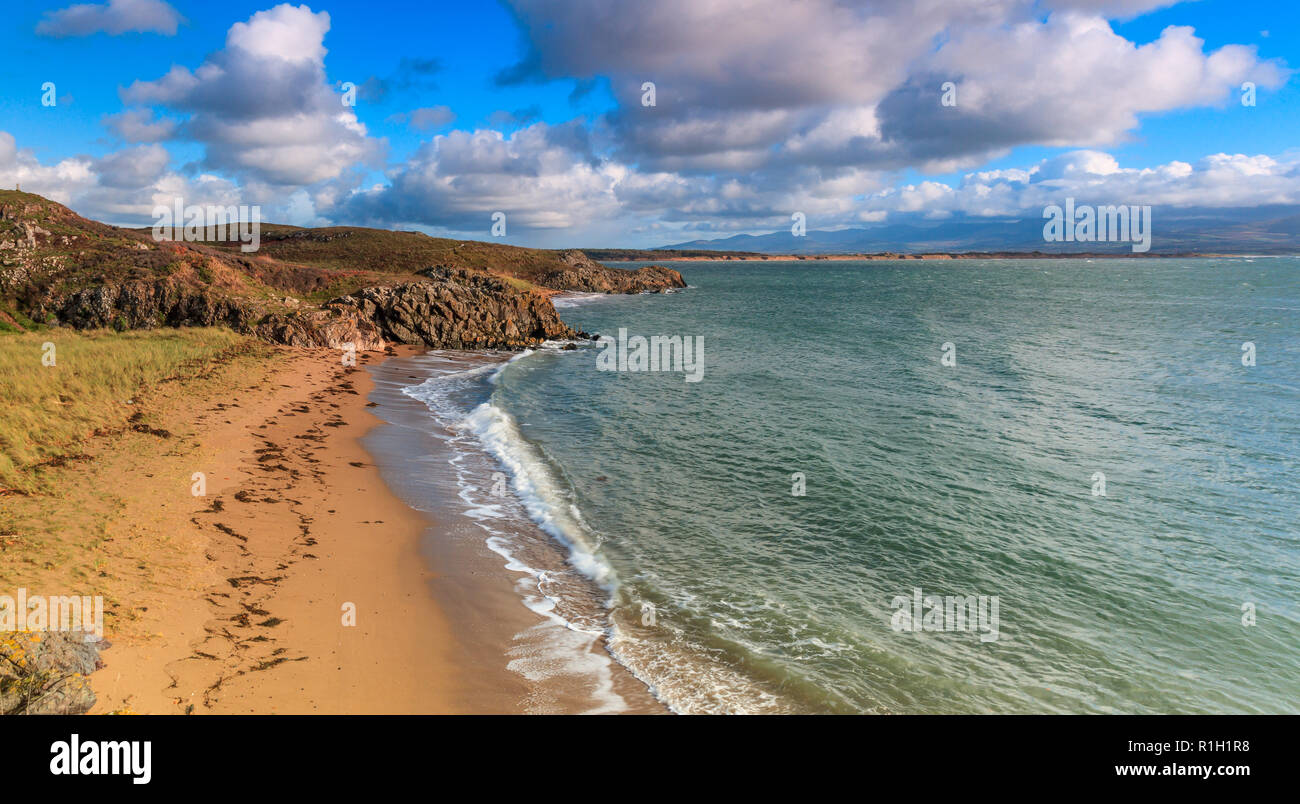 Newborough Beach, Anglesey, Wales, from Ynys Llanddwyn, UK Stock Photo