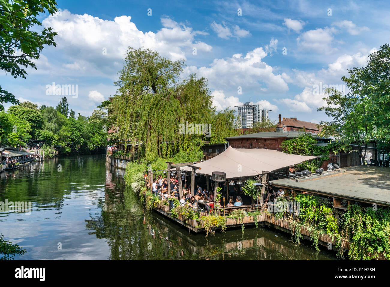 Spree Canal, Club der Visionaere, Techno club open air, summer, background Freischwimmer, Berlin Kreuzberg Stock Photo