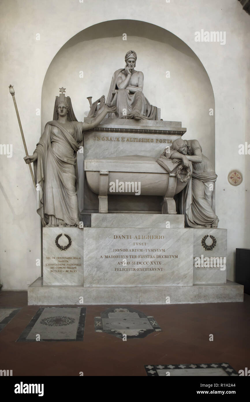 Marble cenotaph to Italian medieval poet Dante Alighieri designed by Italian Neoclassical sculptor Stefano Ricci and erected in 1829 in the Basilica di Santa Croce (Basilica of the Holy Cross) in Florence, Tuscany, Italy. Stock Photo