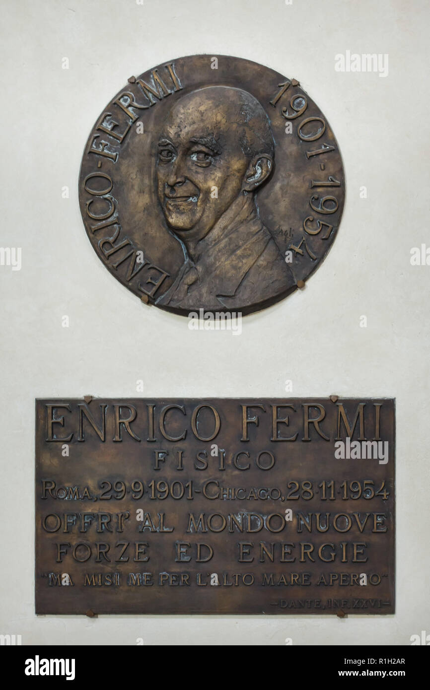 Commemorate plaque to Italian physicist Enrico Fermi, who was the creator of the first nuclear reactor in the world, in the Basilica di Santa Croce (Basilica of the Holy Cross) in Florence, Tuscany, Italy. Stock Photo