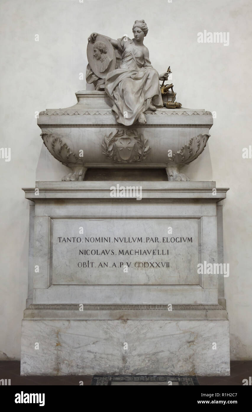 Funeral monument to Italian Renaissance humanist and politician Niccolò Machiavelli designed by Italian Rococo sculptor Innocenzo Spinazzi (1787) in the Basilica di Santa Croce (Basilica of the Holy Cross) in Florence, Tuscany, Italy. Stock Photo