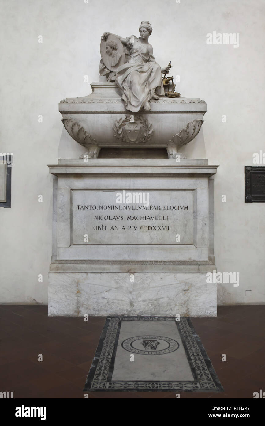 Funeral monument to Italian Renaissance humanist and politician Niccolò Machiavelli designed by Italian Rococo sculptor Innocenzo Spinazzi (1787) in the Basilica di Santa Croce (Basilica of the Holy Cross) in Florence, Tuscany, Italy. Stock Photo
