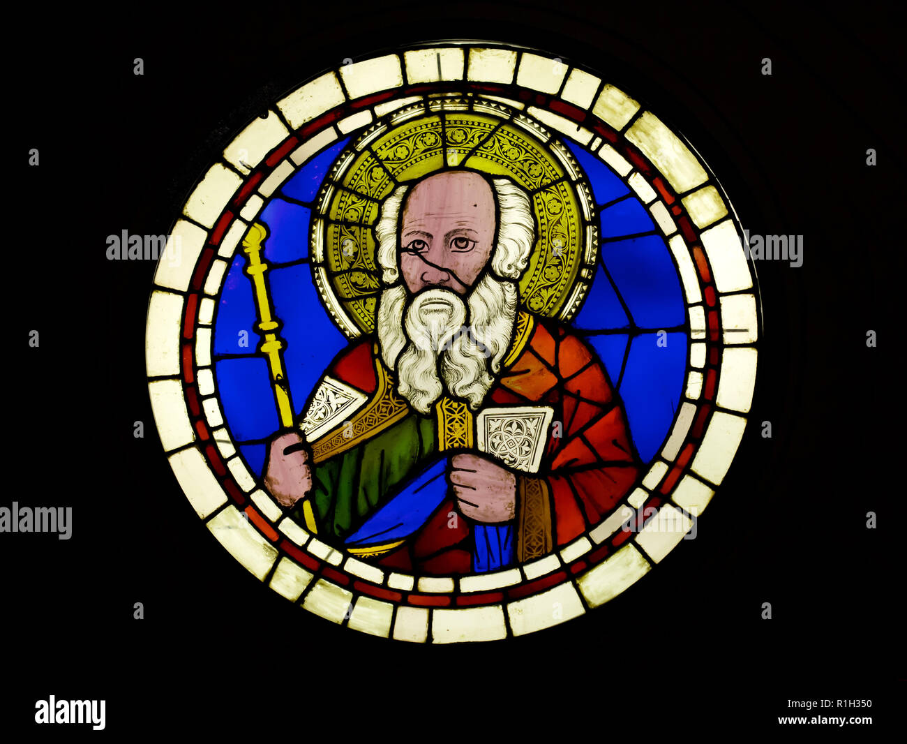 Aaron depicted in the stained-glass window designed by Italian Renaissance painter Giotto di Bondone dated from the early 14th century on display in the Museo dell'Opera di Santa Croce (Museum of the Works of the Basilica of the Holy Cross) in Florence, Tuscany, Italy. Stock Photo