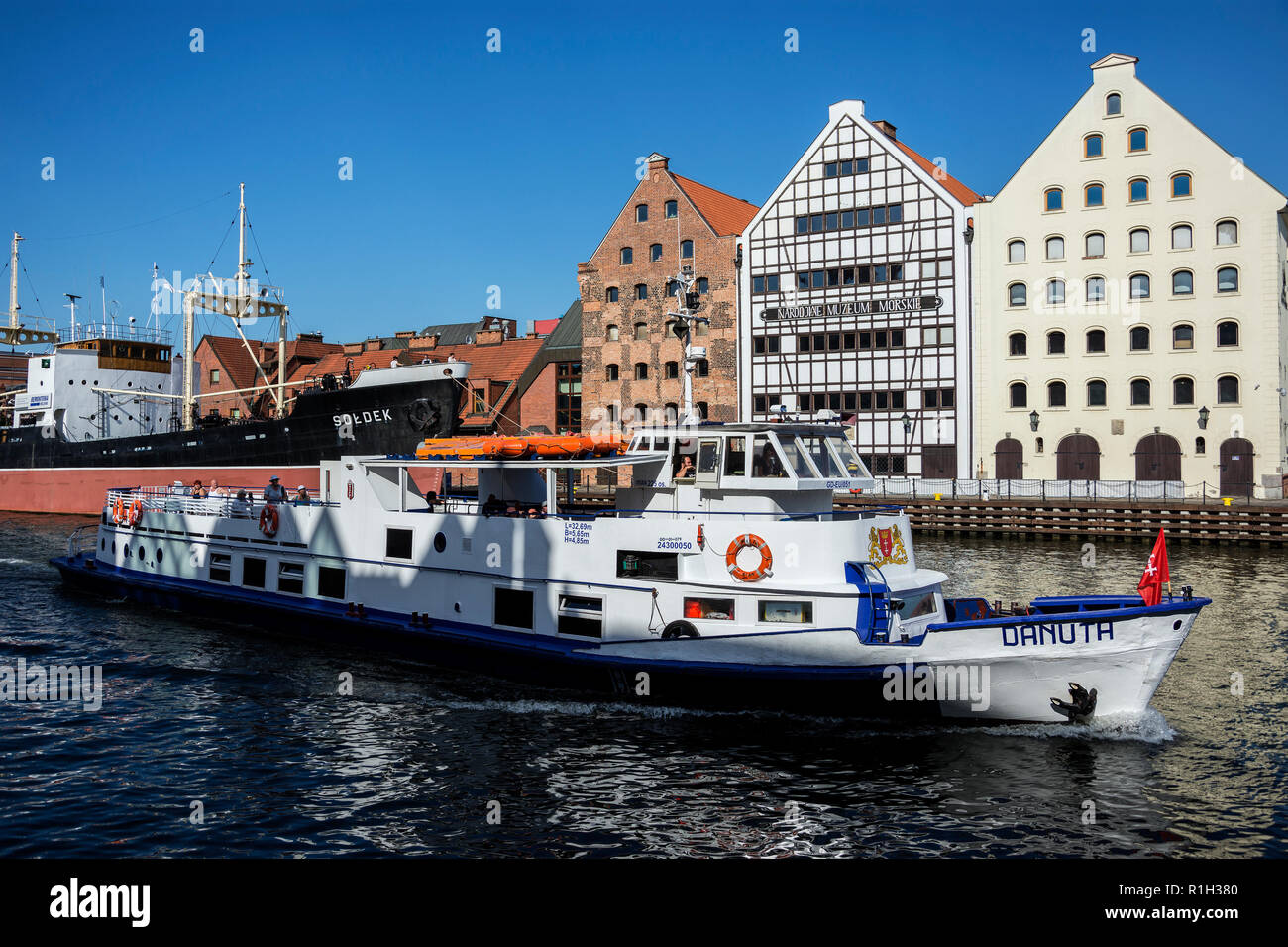 Historic port over  and Old Town with traditional architecture. Danuta ship in the seaport. Narodowe Muzeum Morskie - National Maritime Museum, Gdansk Stock Photo