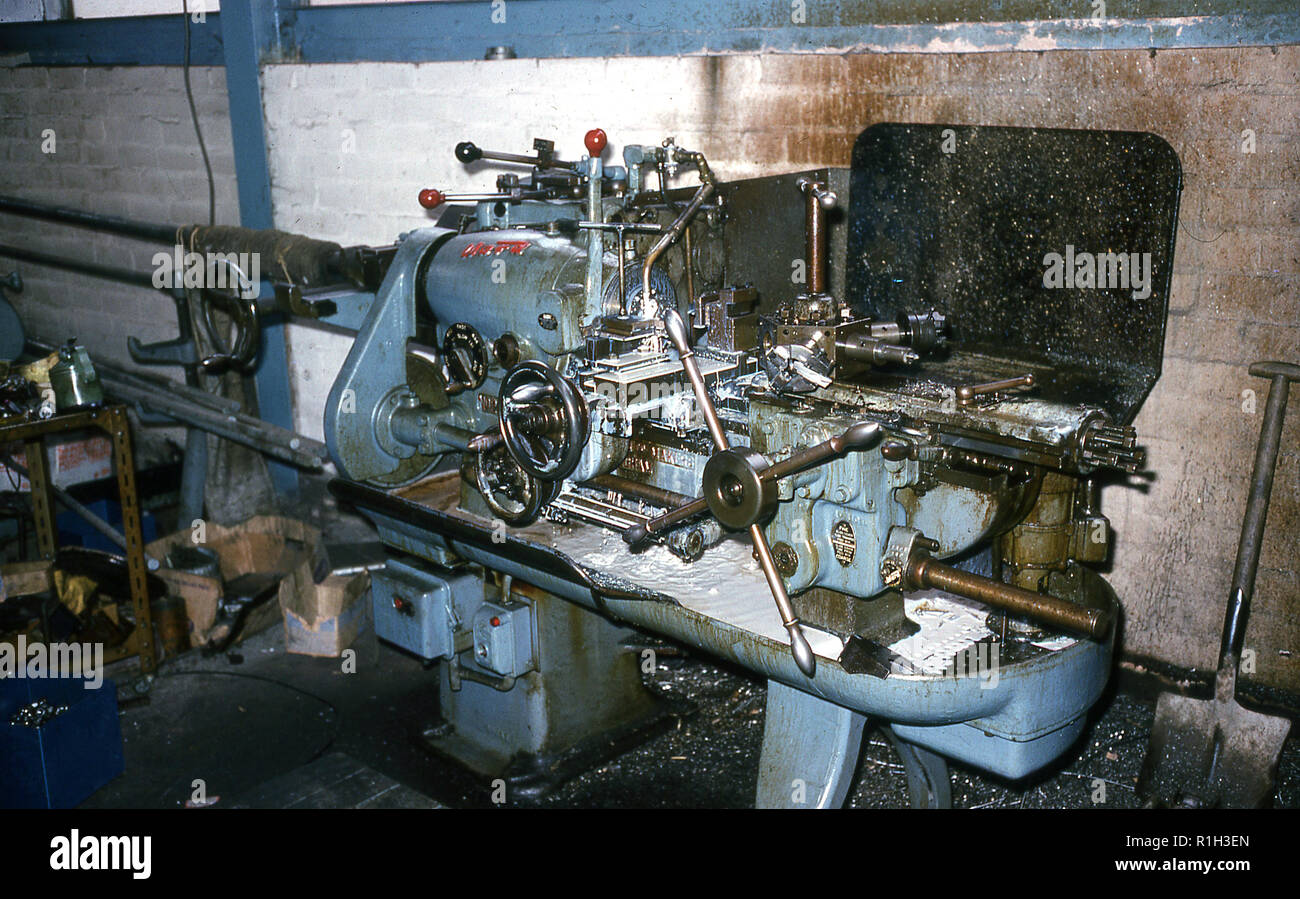1970s, historical, a metalworking lathe in a workshop. Stock Photo