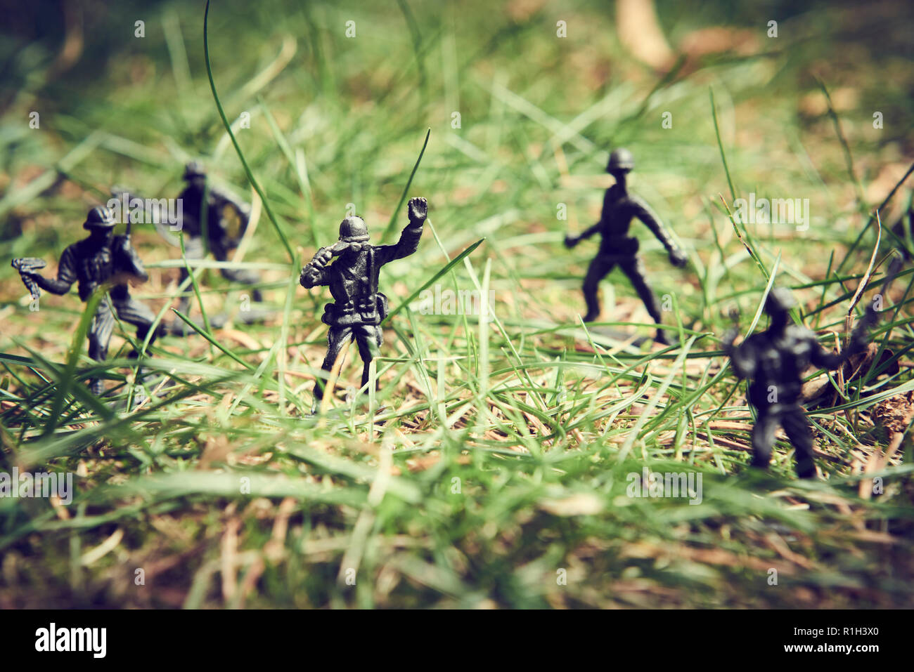 Soldiers in jungle fighting. Concept image of toy plastic soldiers in real grass.  Selective focus. Stock Photo