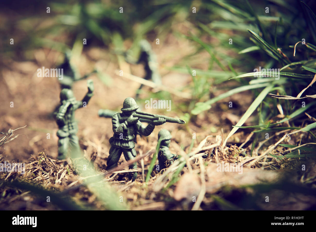 Soldiers in jungle fighting. Concept image of toy plastic soldiers in real grass.  Selective focus. Stock Photo