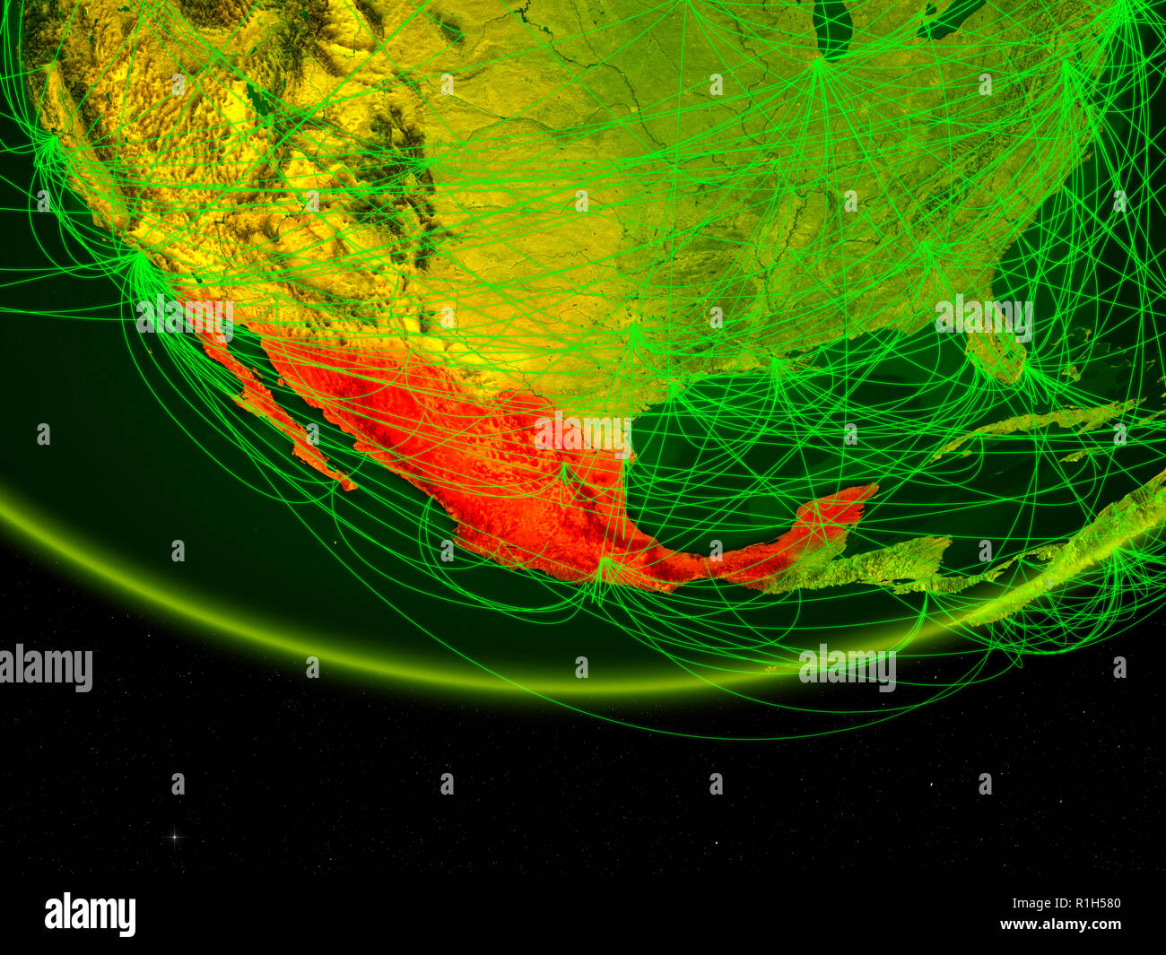 Mexico on green model of planet Earth with network representing digital ...