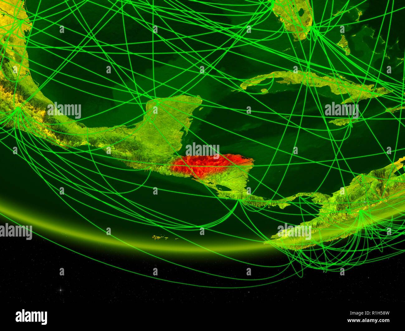 Honduras on green model of planet Earth with network representing ...