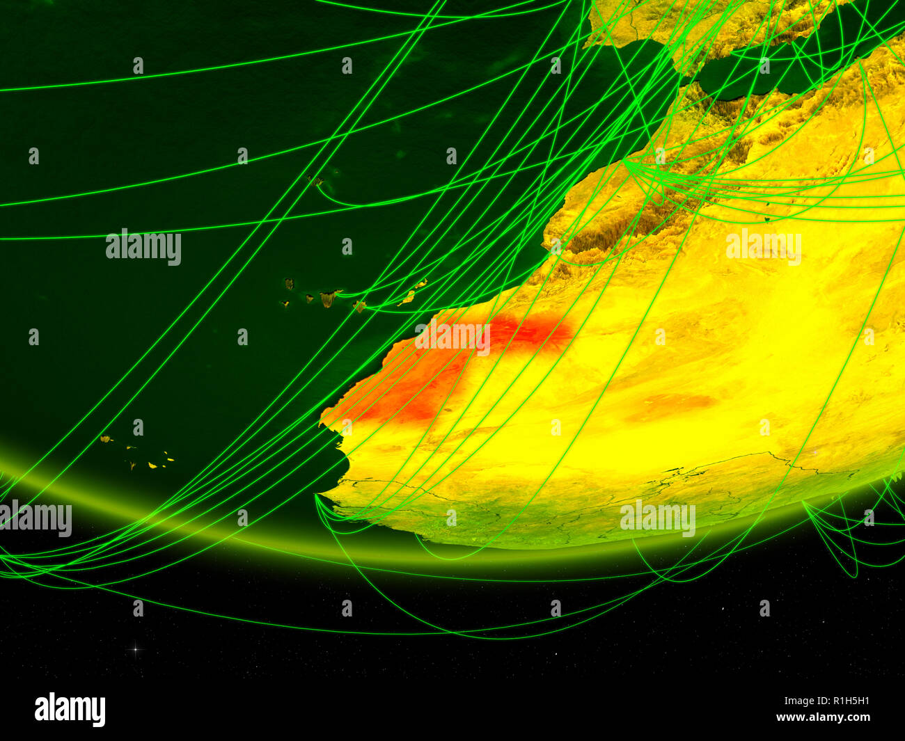 Western Sahara on green model of planet Earth with network representing ...