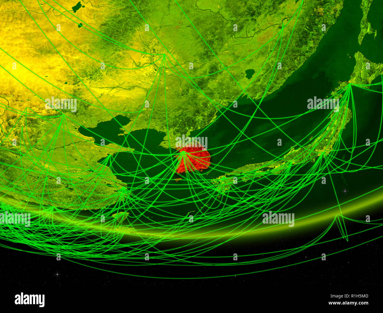 South Korea on green model of planet Earth with network representing ...