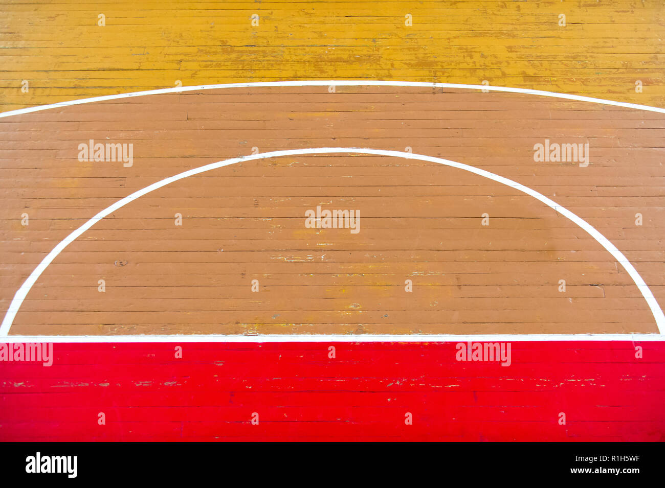 Old wooden floor volleyball, basketball, badminton court with light effect Wooden floor of sports hall with marking lines line on wooden floor indoor, Stock Photo