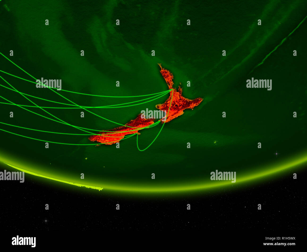 New Zealand on green model of planet Earth with network representing ...