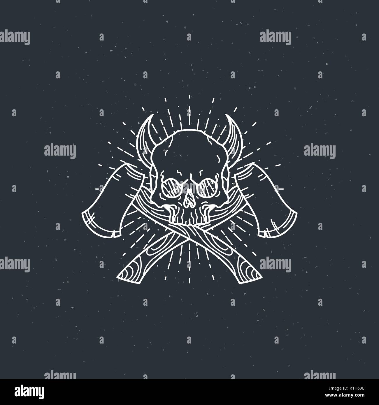 Vector illustration of black and white tattoo graphic human skull with axes and horns. Lined symbol Stock Vector