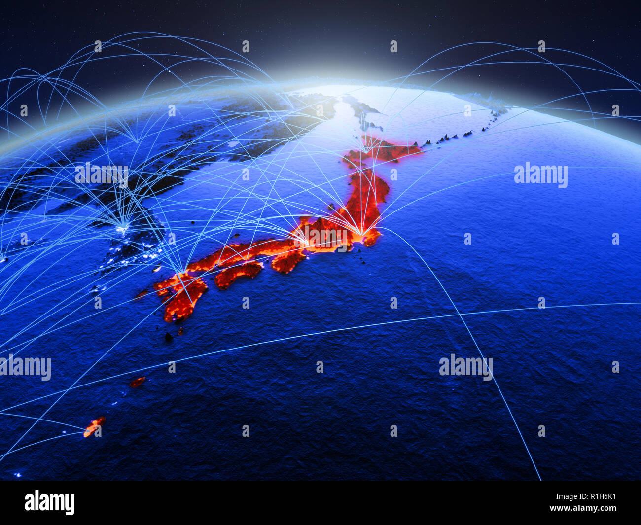 Japan on blue digital planet Earth with international network ...