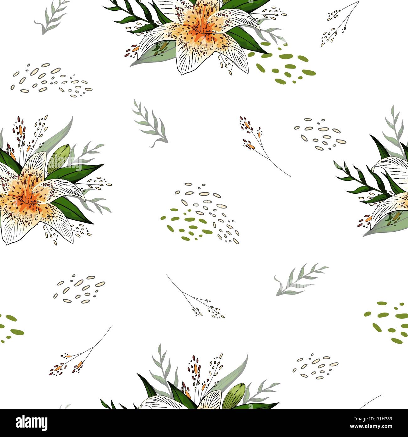 Isolated on white elements and lily bouquets seamless pattern Stock ...