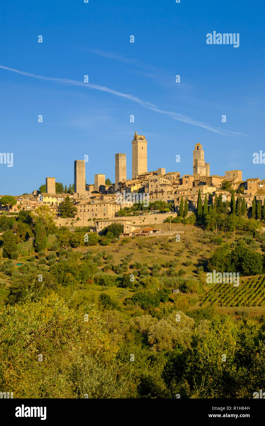 View of the village with towers, San Gimignano in the morning light, San Gimignano, Tuscany, Italy Stock Photo