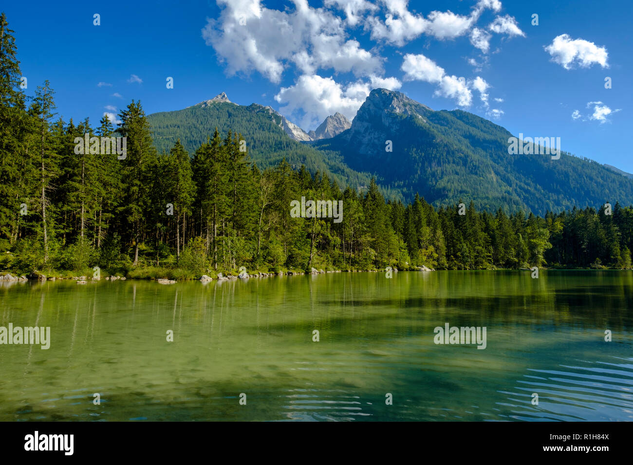 Lake Hintersee, in the back Hochkalter mountain, Berchtesgaden National Park, Ramsau, Berchtesgadener Land, Upper Bavaria Stock Photo