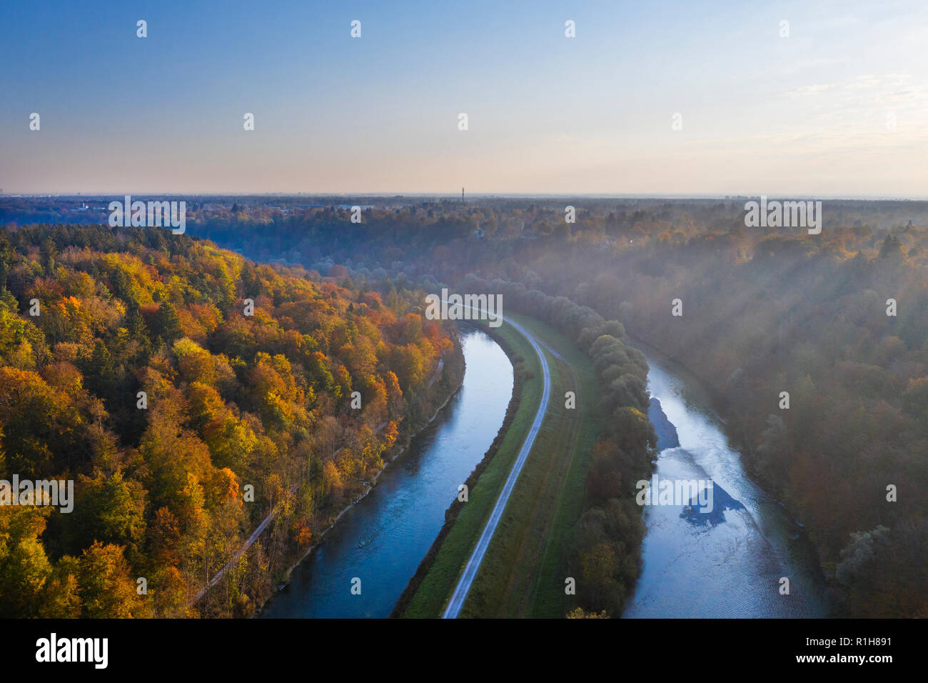 Isar channel and Isar, Pullach in the Isar valley and Grünwald, near Munich, drone image, Upper Bavaria, Bavaria, Germany Stock Photo