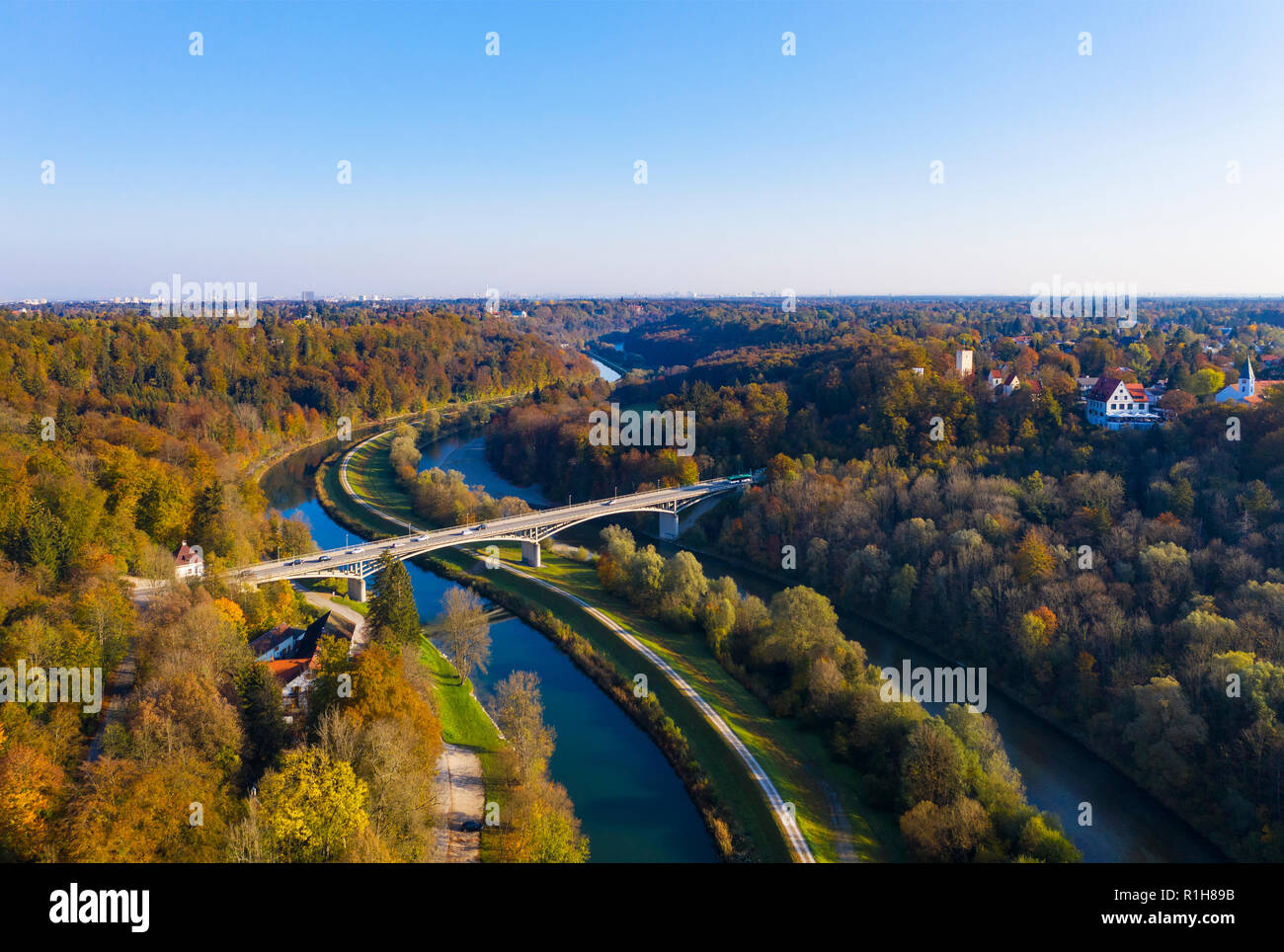 Isar channel and Isar, Grünwalder bridge, Grünwald castle, Grünwald, rear Munich, drone image, Upper Bavaria, Bavaria Stock Photo