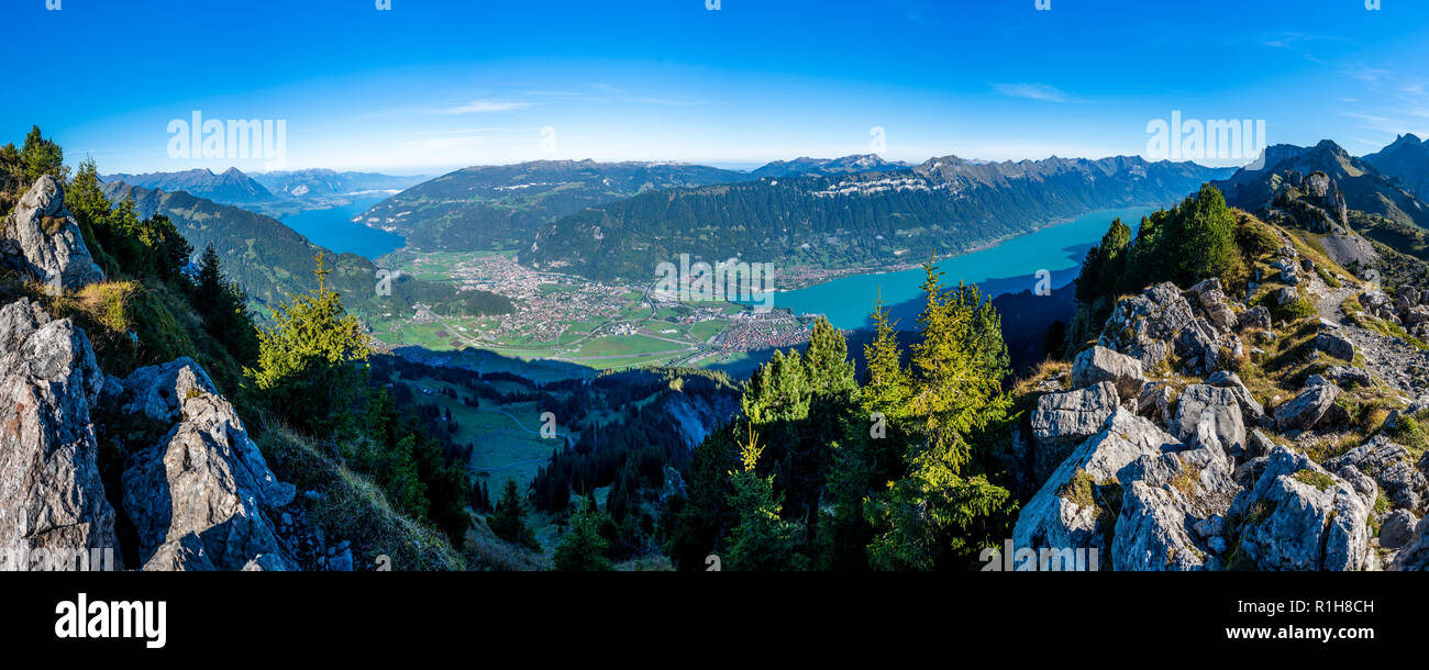 Interlaken, Lake Thun and Lake Brienz, view from the Daube, Schynige Platte, Bernese Alps, Switzerland Stock Photo
