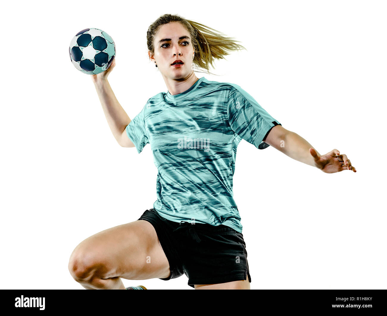one caucasian young teenager girl woman playing Handball player isolated on white background Stock Photo