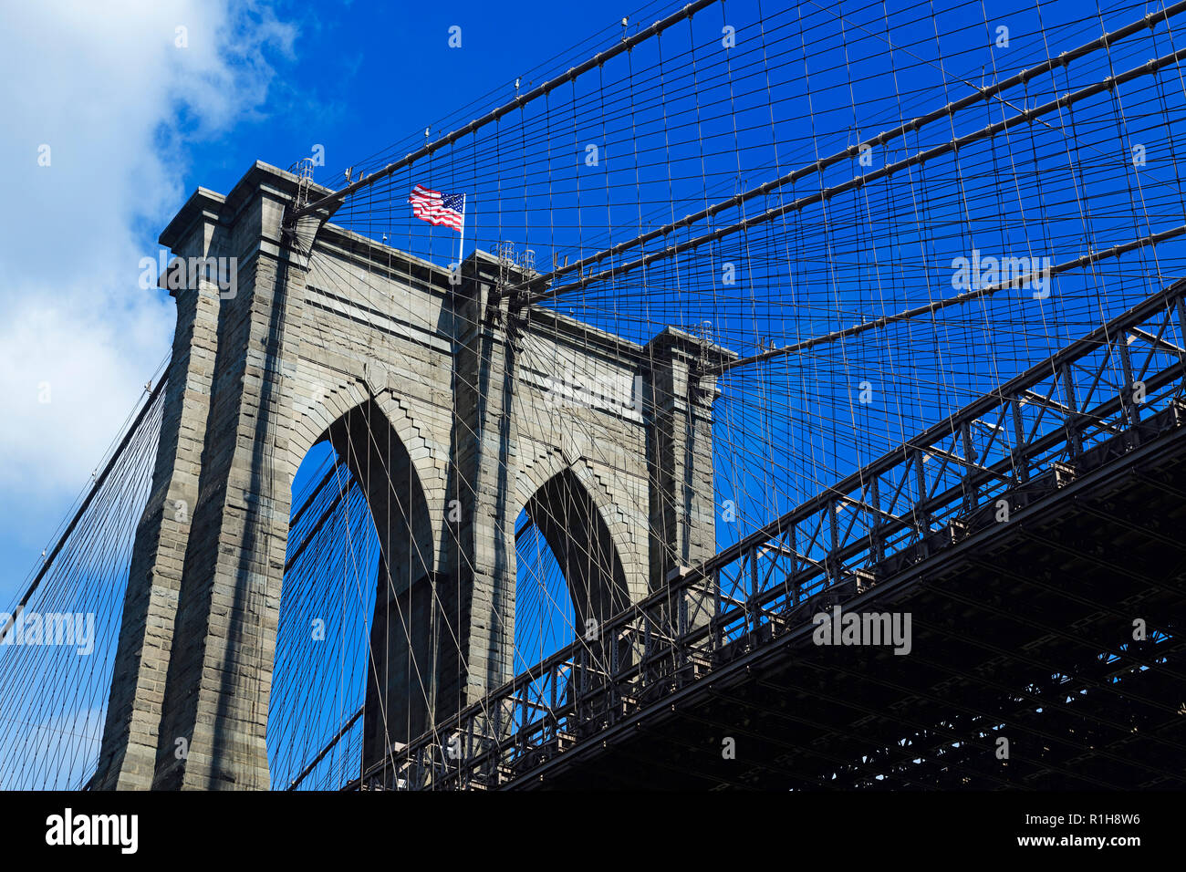 East pillar of the Brooklyn Bridge, Manhattan, New York City, USA Stock Photo