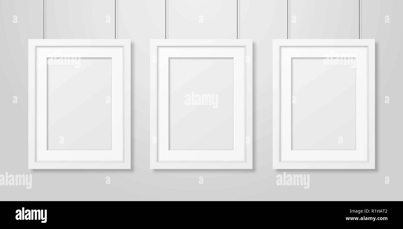 Three Vector Realistic Modern Interior White Blank Vertical A4 Wooden Poster Picture Frame Set