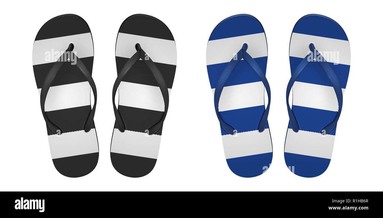 Vector Realistic 3d striped Flip Flop Set Closeup Isolated on White Background. Design Template of Summer Beach Holiday Flip Flops Pair For Advertise, Logo Print, Mockup. Front View Stock Vector