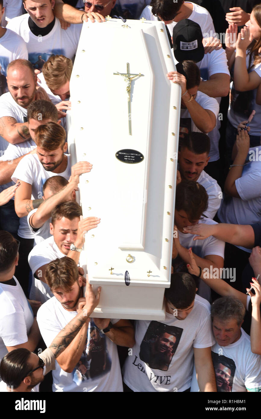 The funeral of Raffaele Perinelli at the church of Sant'Alfonso and San Gerardo. The 21-year-old football player was stabbed in the chest and killed Saturday night after a fight with a neighbor  Featuring: Atmosphere Where: Naples, Italy When: 12 Oct 2018 Credit: IPA/WENN.com  **Only available for publication in UK, USA, Germany, Austria, Switzerland** Stock Photo