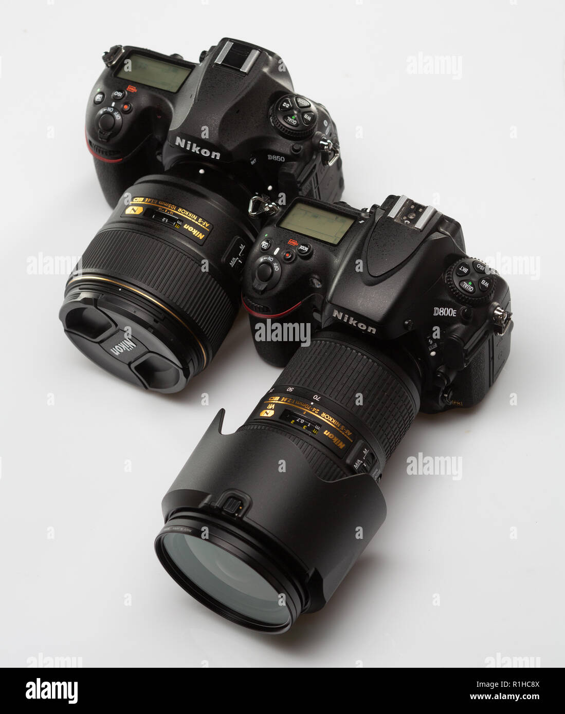 SAINT-PETERSBURG, RUSSIA - APRIL 27, 2018: Nikon D850 and Nikon D800E SLR Cameras. Stock Photo