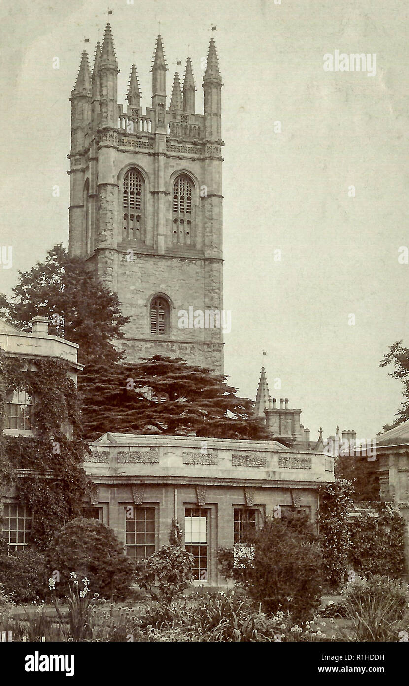 Oxford Magdalen Tower 1905 Magdalen Tower, completed in 1509, is a bell tower that forms part of Magdalen College, Oxford. It is a central focus for the celebrations in Oxford on May Morning. Magdalen Tower is one of the oldest parts of Magdalen College, Oxford, situated directly in the High Street. Built of stone from 1492, when the foundation stone was laid,[1] its bells hung ready for use in 1505, and completed by 1509, it is an important element of the Oxford skyline. Stock Photo