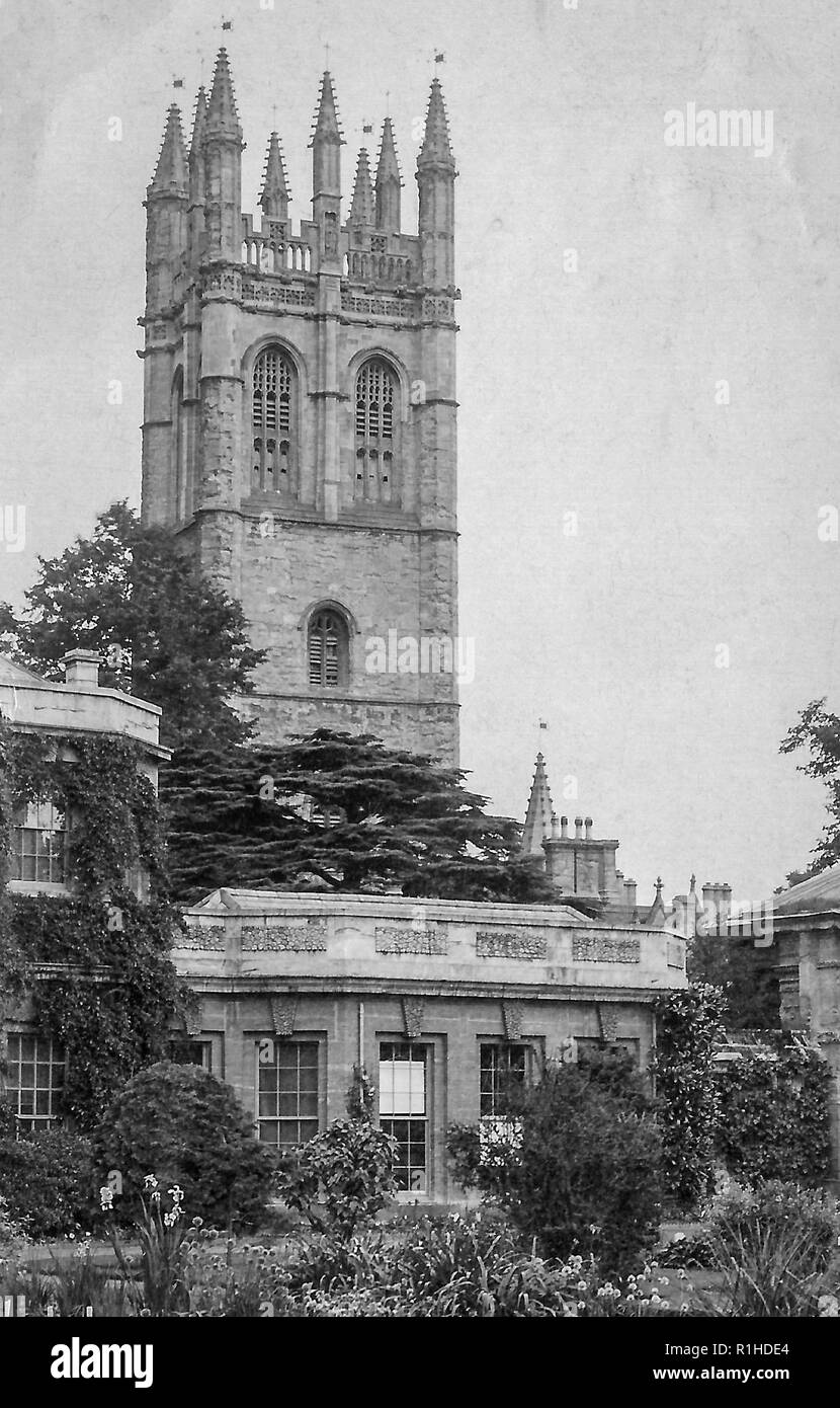 Oxford Magdalen Tower 1905.Magdalen Tower, completed in 1509, is a bell tower that forms part of Magdalen College, Oxford. It is a central focus for the celebrations in Oxford on May Morning, Magdalen Tower is one of the oldest parts of Magdalen College, Oxford, situated directly in the High Street. Built of stone from 1492, when the foundation stone was laid,[1] its bells hung ready for use in 1505, and completed by 1509, it is an important element of the Oxford skyline Stock Photo