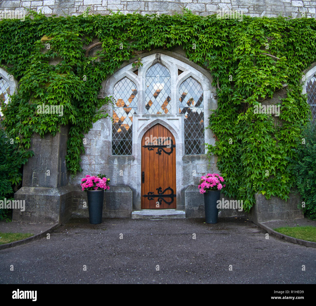 Two flower pots in front of an entrance with a wooden door surrounded ...