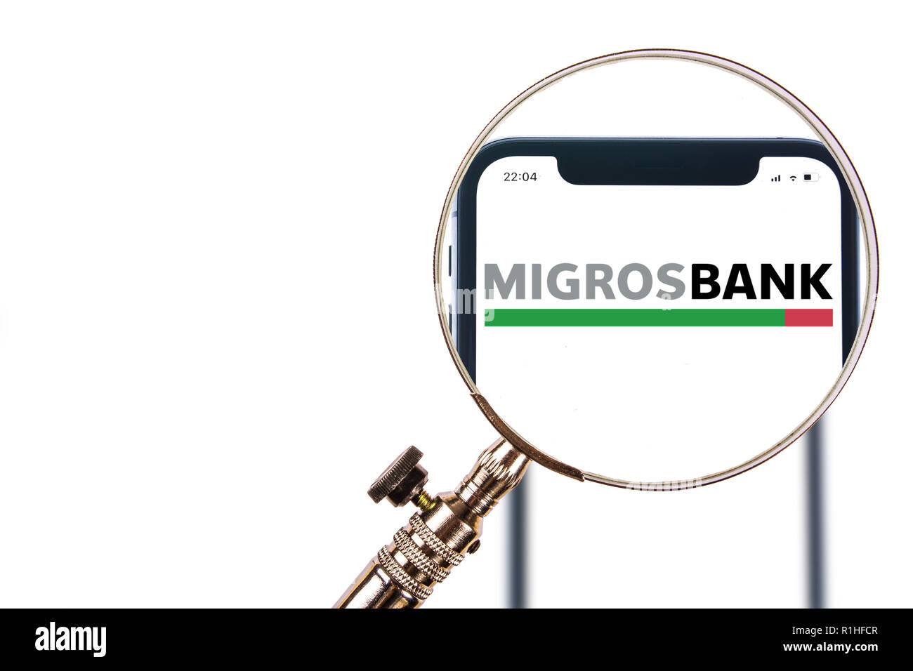 SOLOTHURN, SWITZERLAND - NOVEMBER 12, 2018: Migros Bank logo displayed on a modern smartphone Stock Photo