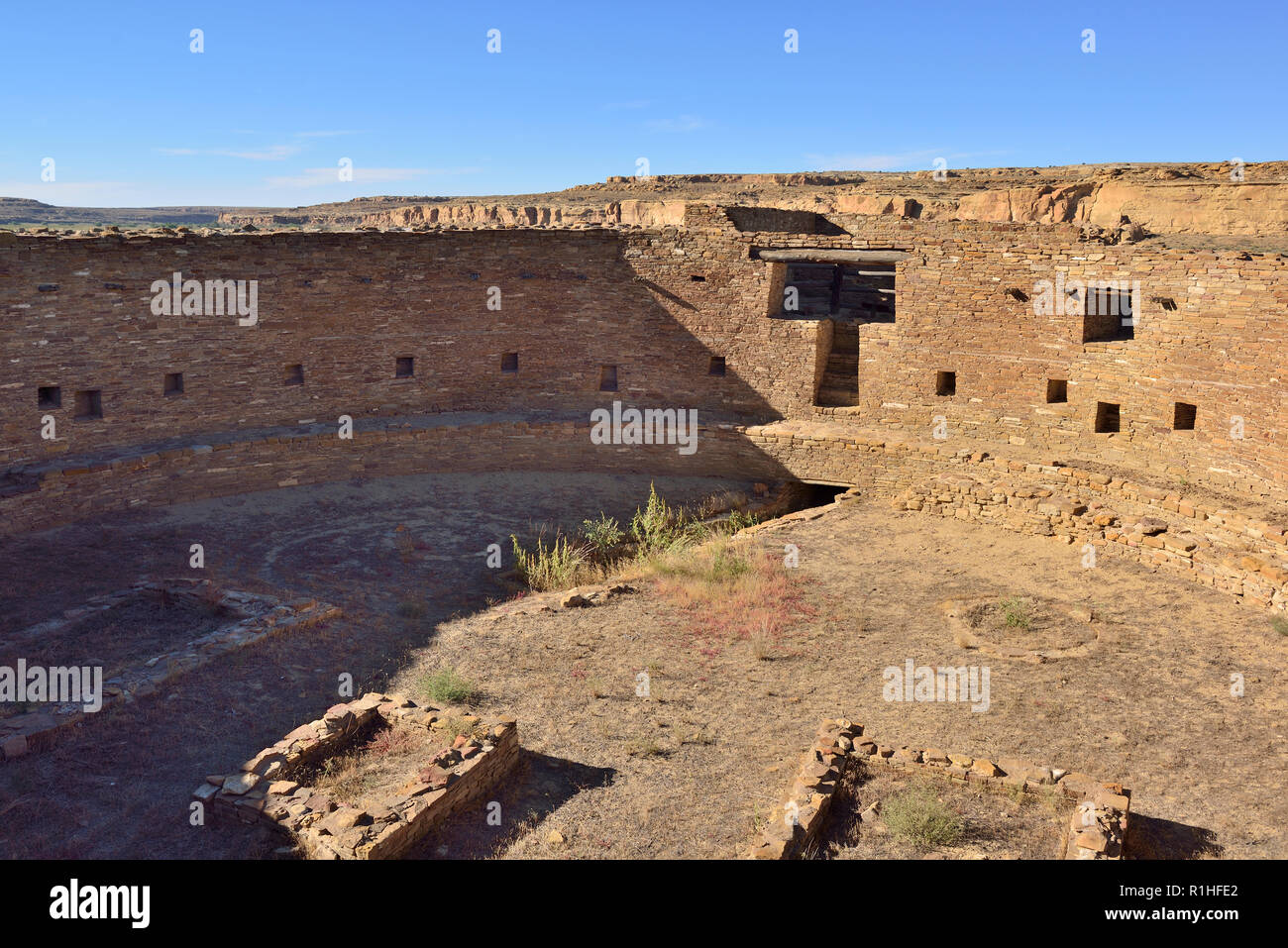 64’ diameter great kiva, Casa Rinconada, Chaco Canyon, Chaco Culture National Historical Park, New Mexico, USA  180926 69571 Stock Photo