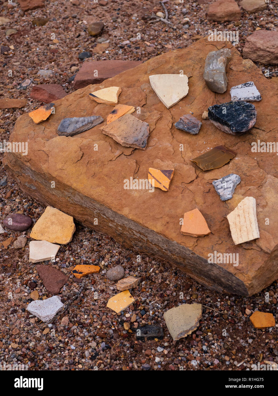 Pottery sherds, Homolovi I site, Homolovi Ruins State Park, Winslow, Arizona. Stock Photo