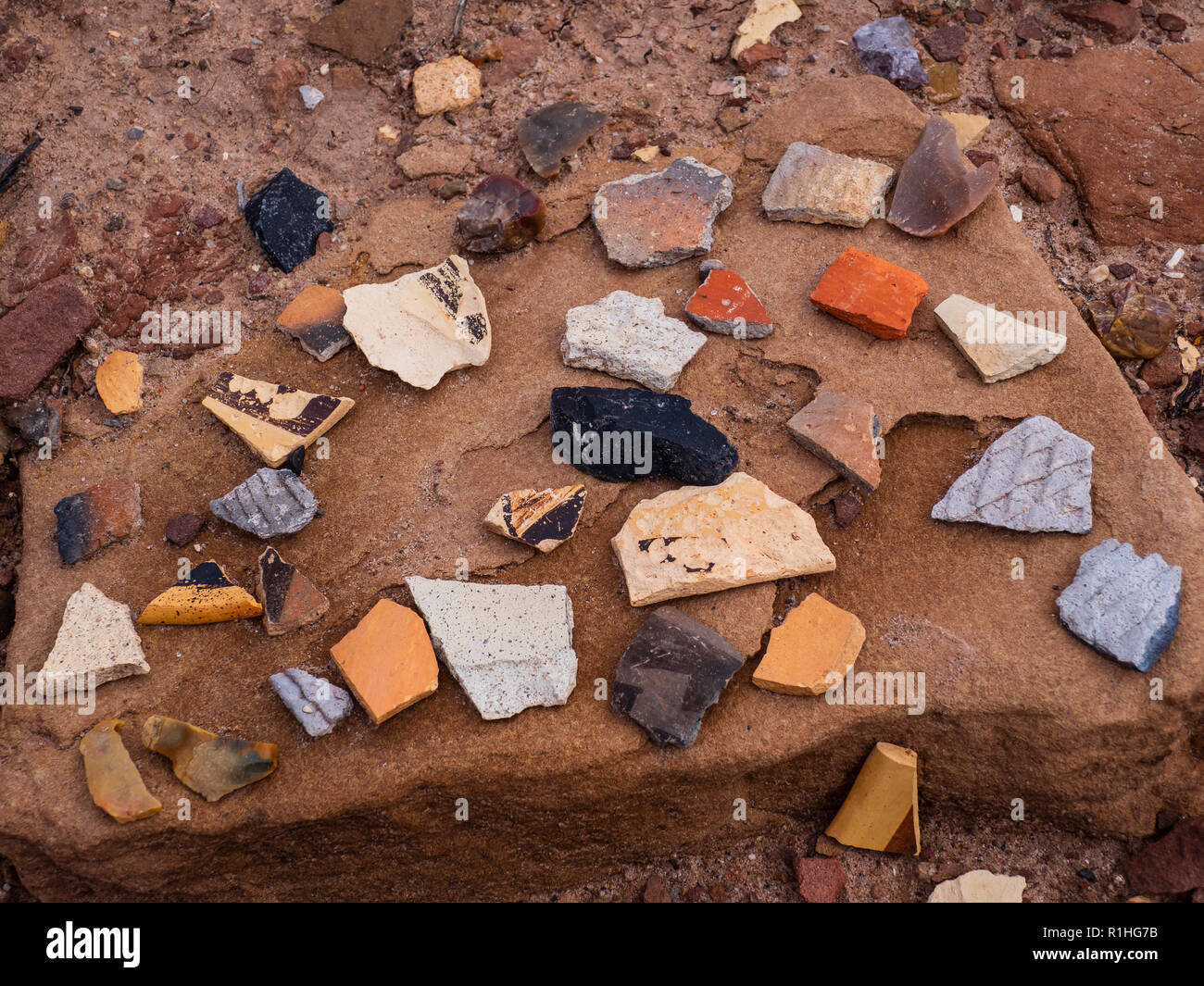 Pottery sherds, Homolovi I site, Homolovi Ruins State Park, Winslow, Arizona. Stock Photo