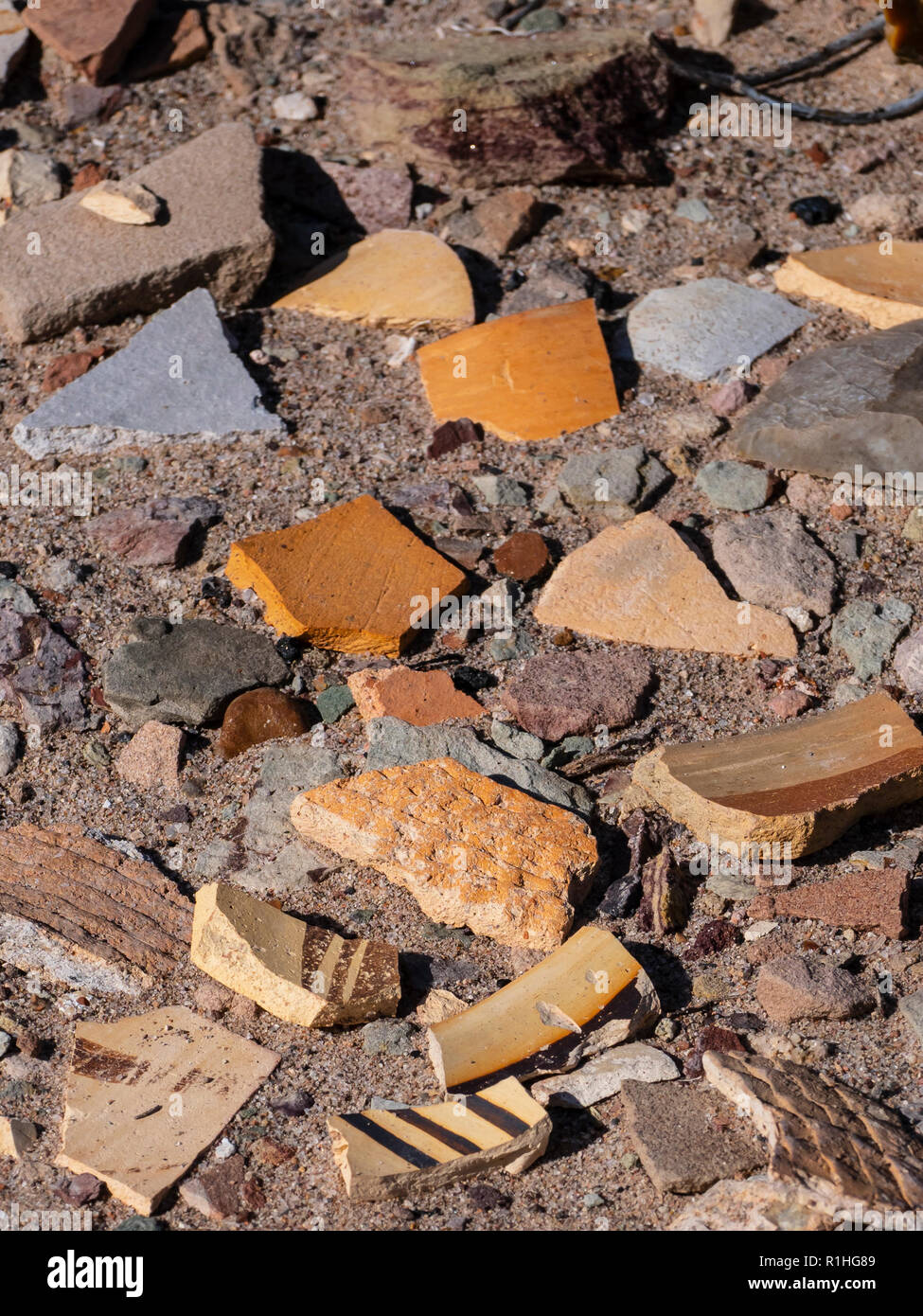 Pottery sherds, Homolovi II site, Homolovi Ruins State Park, Winslow, Arizona. Stock Photo