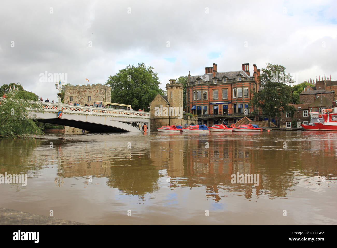 A heavily flooded River Ouse as seen from the side of the Aviva building in York. Stock Photo