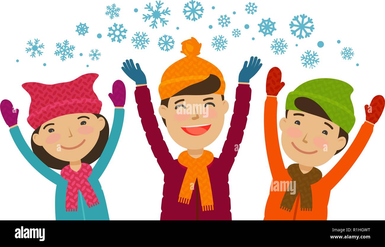 Christmas, winter, wintertime concept. Children rejoice in the snow. Cartoon vector illustration Stock Vector