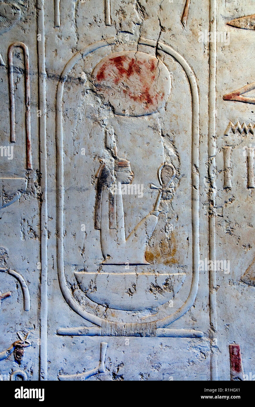 Luxor, Egypt. Temple of Merenptah (Baenra Meriamon) XIX° dyn. son of Ramses II the Great: the cartouche of pharaoh Nebmaatra Sethi I Stock Photo