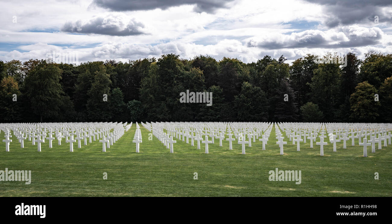 Wide Angle view of the rows of crosses at the Luxembourg American Cemetery & Memorial. Stock Photo