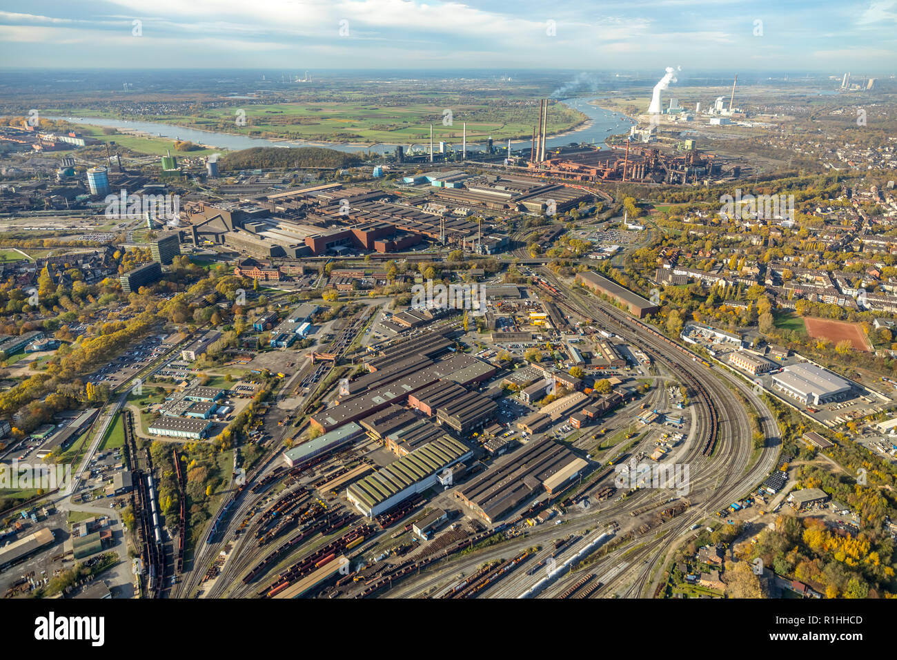 Aerial photograph, ThyssenKrupp Steel Europe AG Duisburg,, Bruckhausen, Duisburg, Ruhr area, North Rhine-Westphalia, Germany, DEU, Europe, aerial view Stock Photo