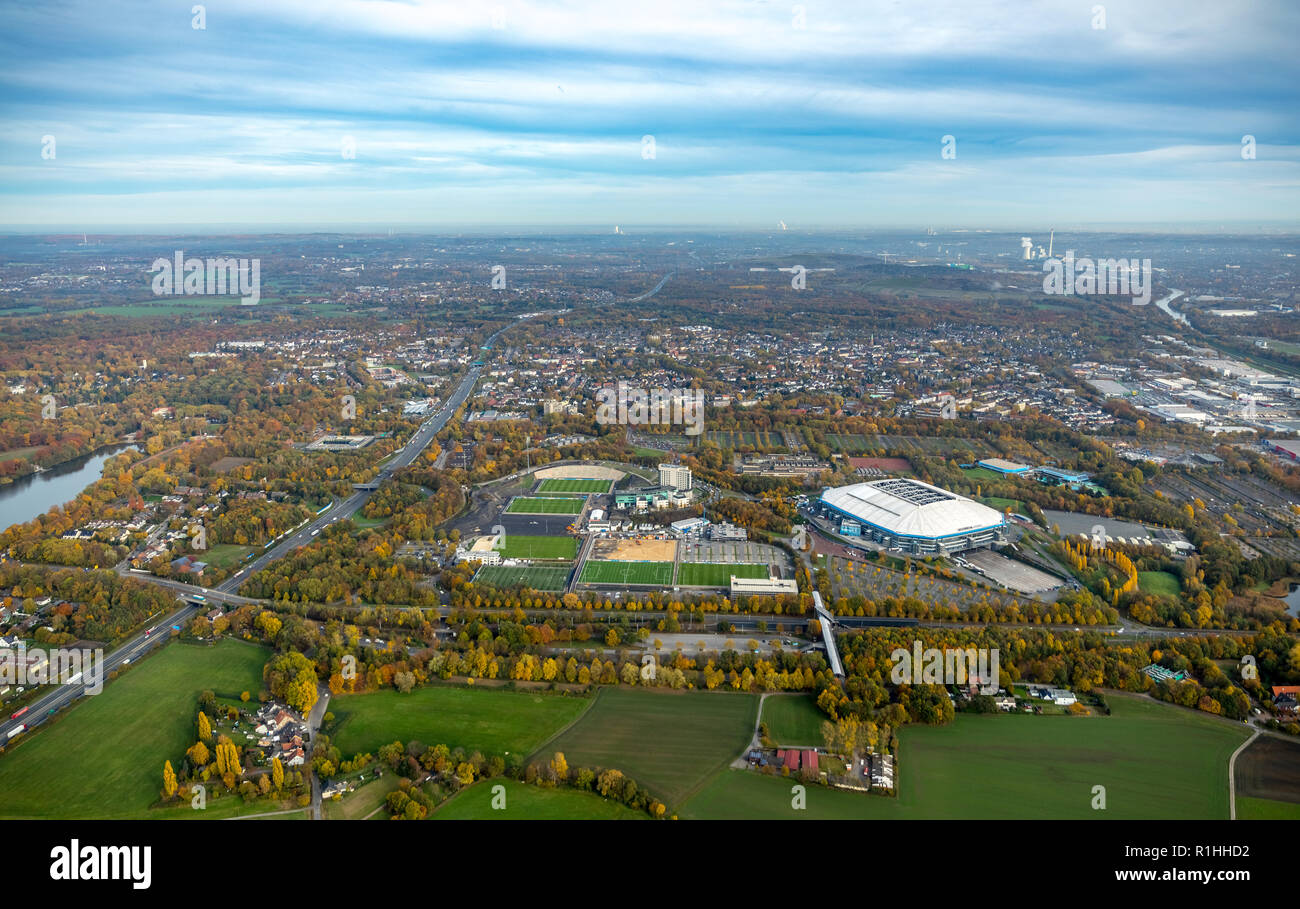 Aerial view, VELTINS-Arena, former Gelsenkirchen Park Stadium, conversion training facilities Schalke 04, football field, football fields, Beckhausen, Stock Photo
