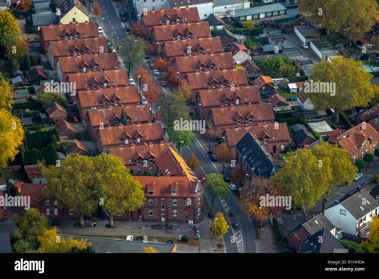 Aerial View, miners houses, red roof tiles, mining camp, uniform houses, Kirchheller road, red roof tiles, Gladbeck, Ruhr, Nordrhein-Westfalen, German Stock Photo