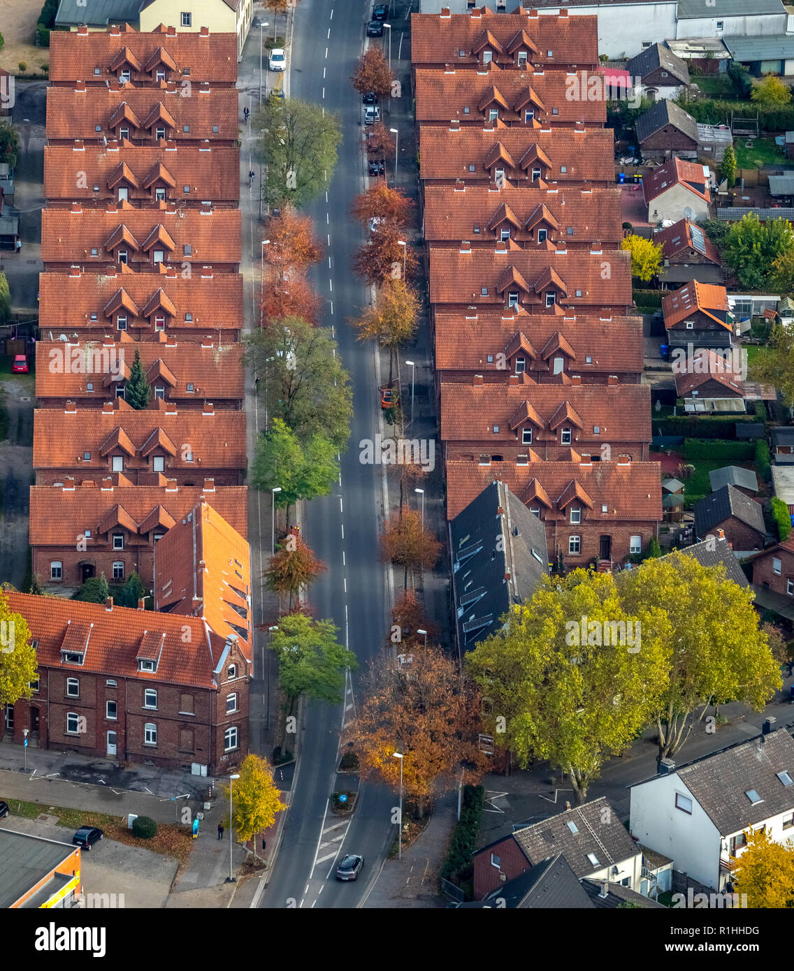 Aerial View, miners houses, red roof tiles, mining camp, uniform houses, Kirchheller road, red roof tiles, Gladbeck, Ruhr, Nordrhein-Westfalen, German Stock Photo