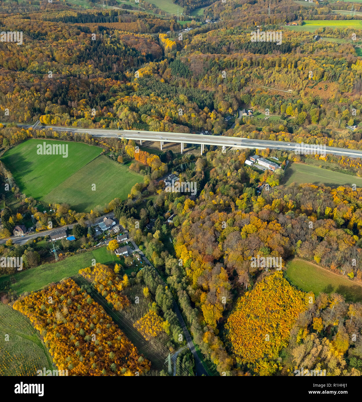 Aerial view, autumn Hespertal valley, with motorway bridge A44 north, Hefel, Velbert, Ruhr area, North Rhine-Westphalia, Germany, DEU, Europe, aerial  Stock Photo